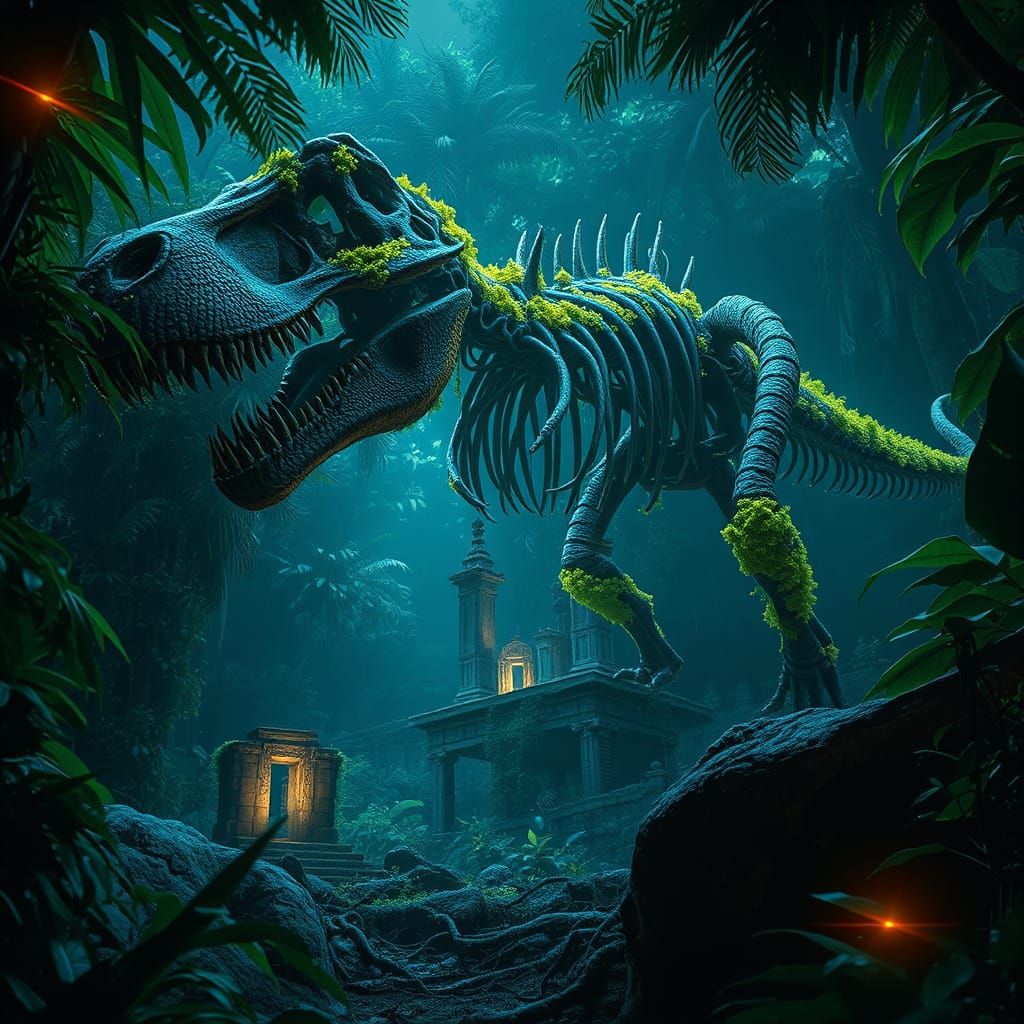 Colossal T-Rex Skeleton Unearthed in Ethereal Jungle