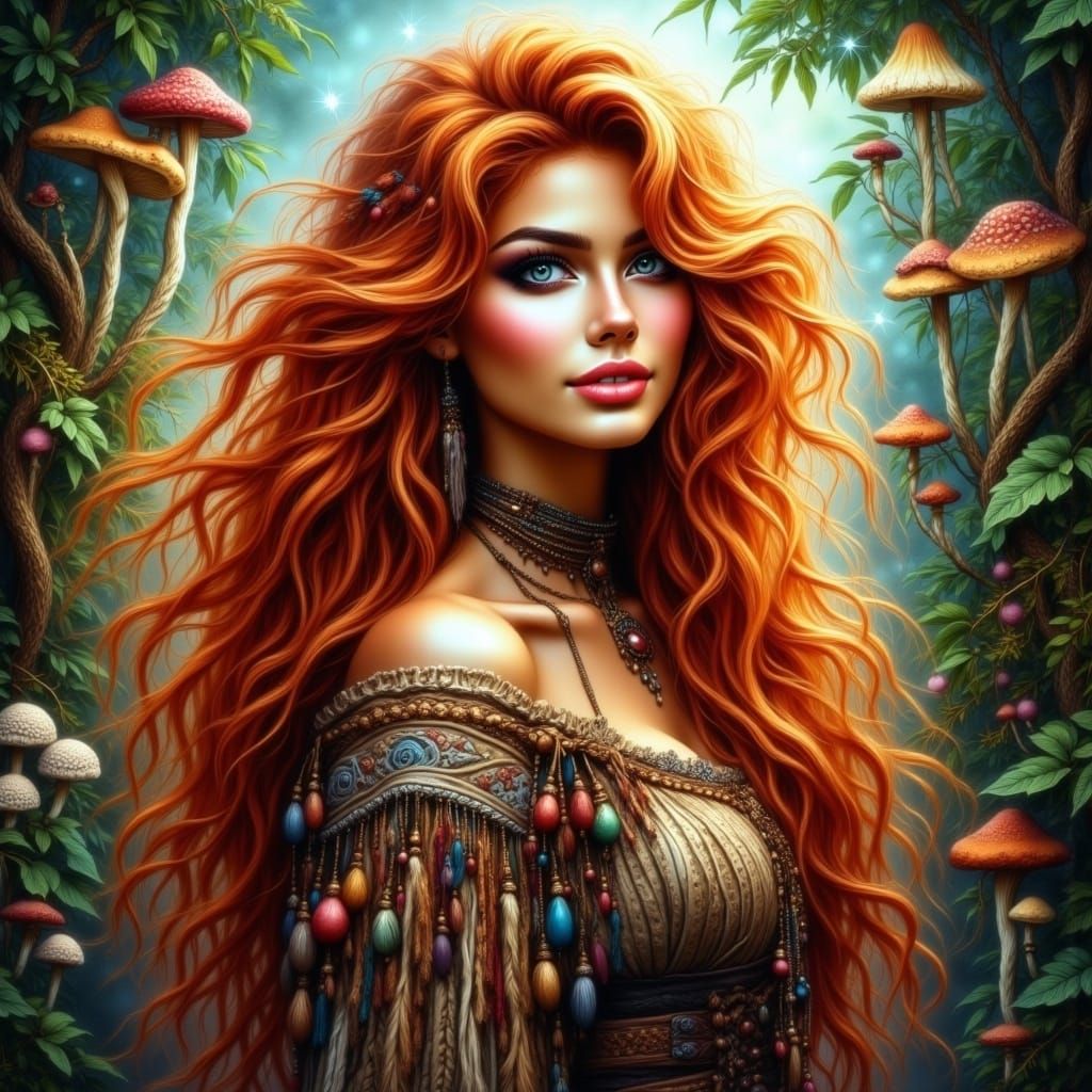 Redhead Girl in Mystical Forest, Fantasy Art