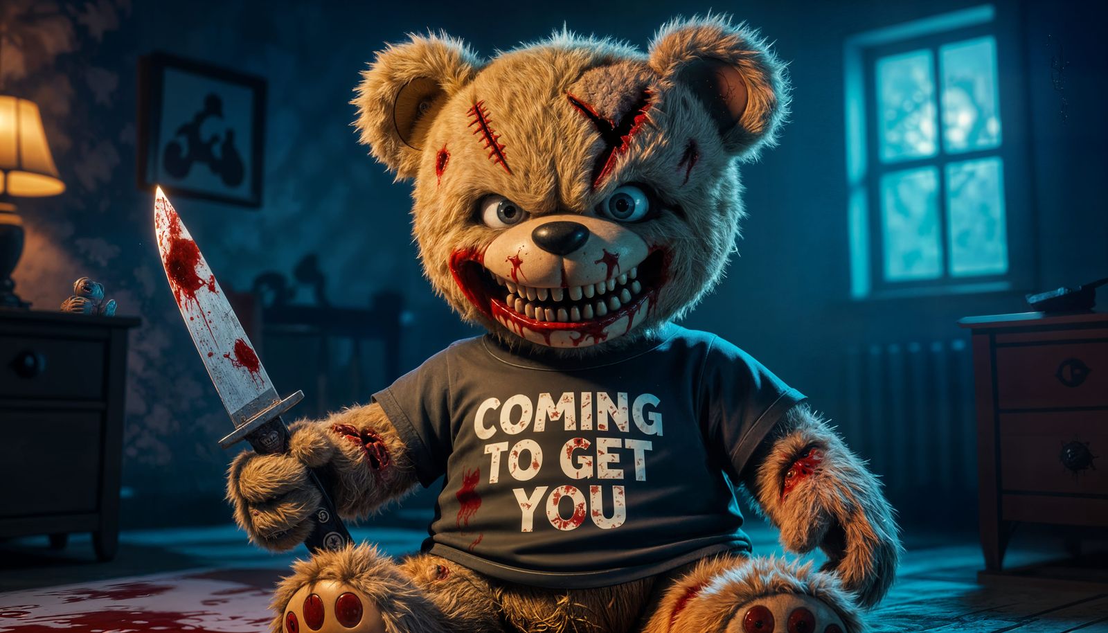Menacing Teddy Bear with Knife in Dark Room
