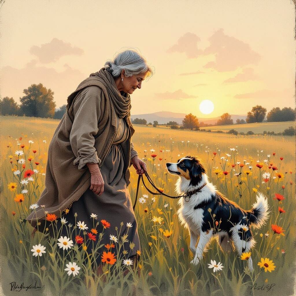Old Woman and Dog in Wildflower Field, Charcoal Art