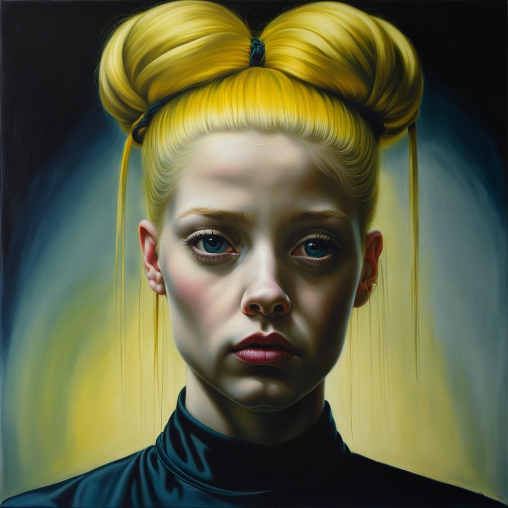 Atmospheric Portrait of Woman with Yellow Hair in Oil