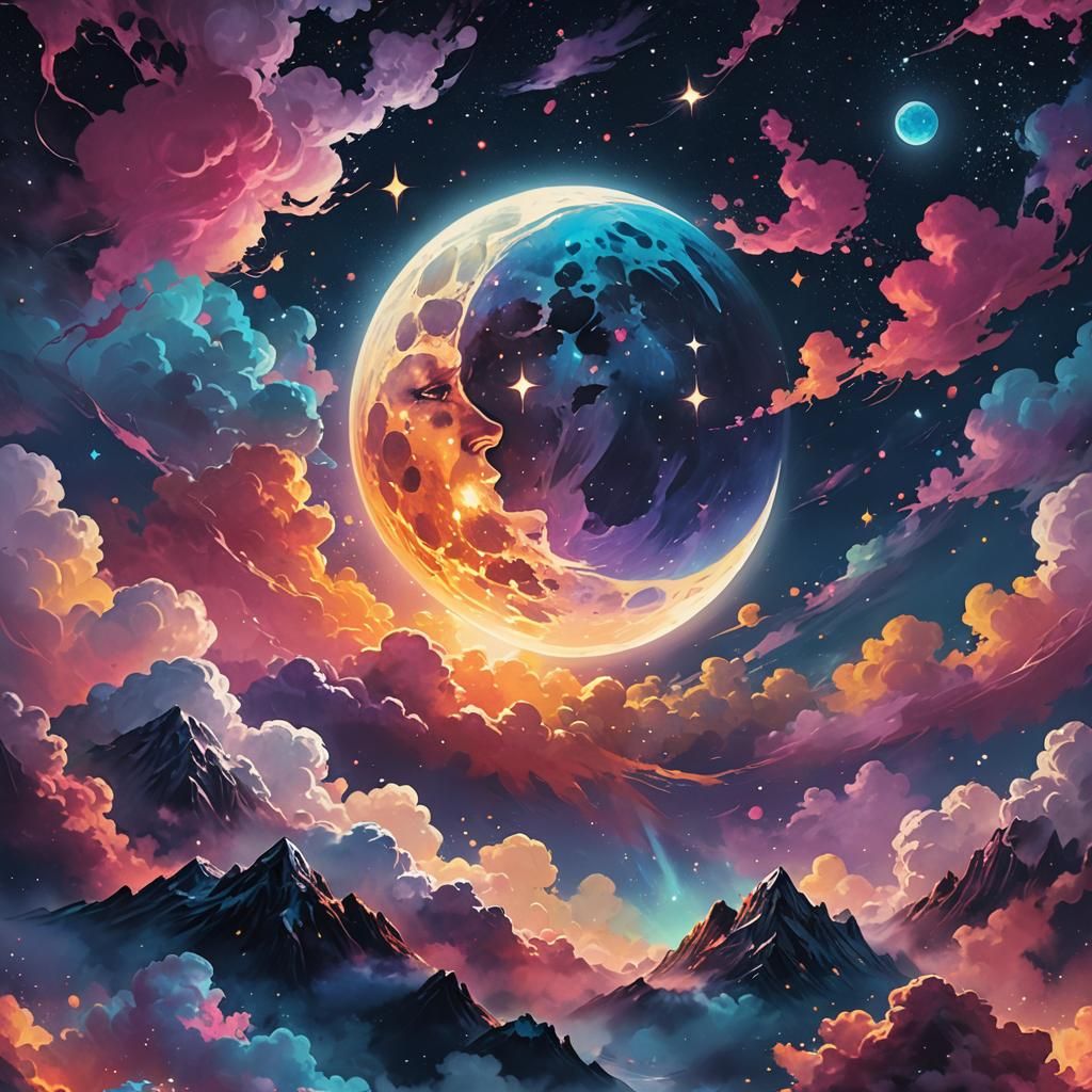 Dreamy Moon in Polychromatic Splash Art Style