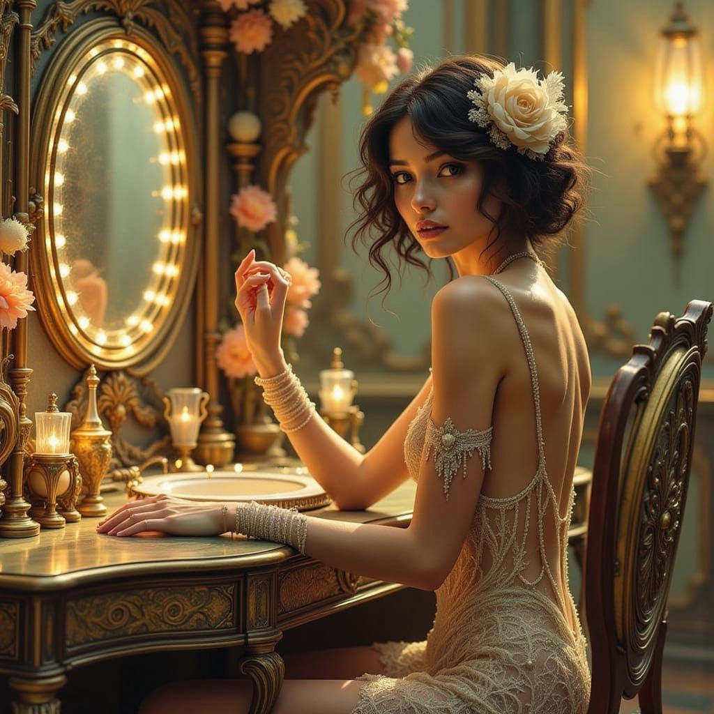 Elegant 1920s Woman in Mucha Style