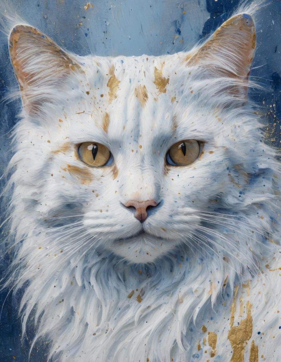 Expressive Cat Portrait with Blue and Gold Accents