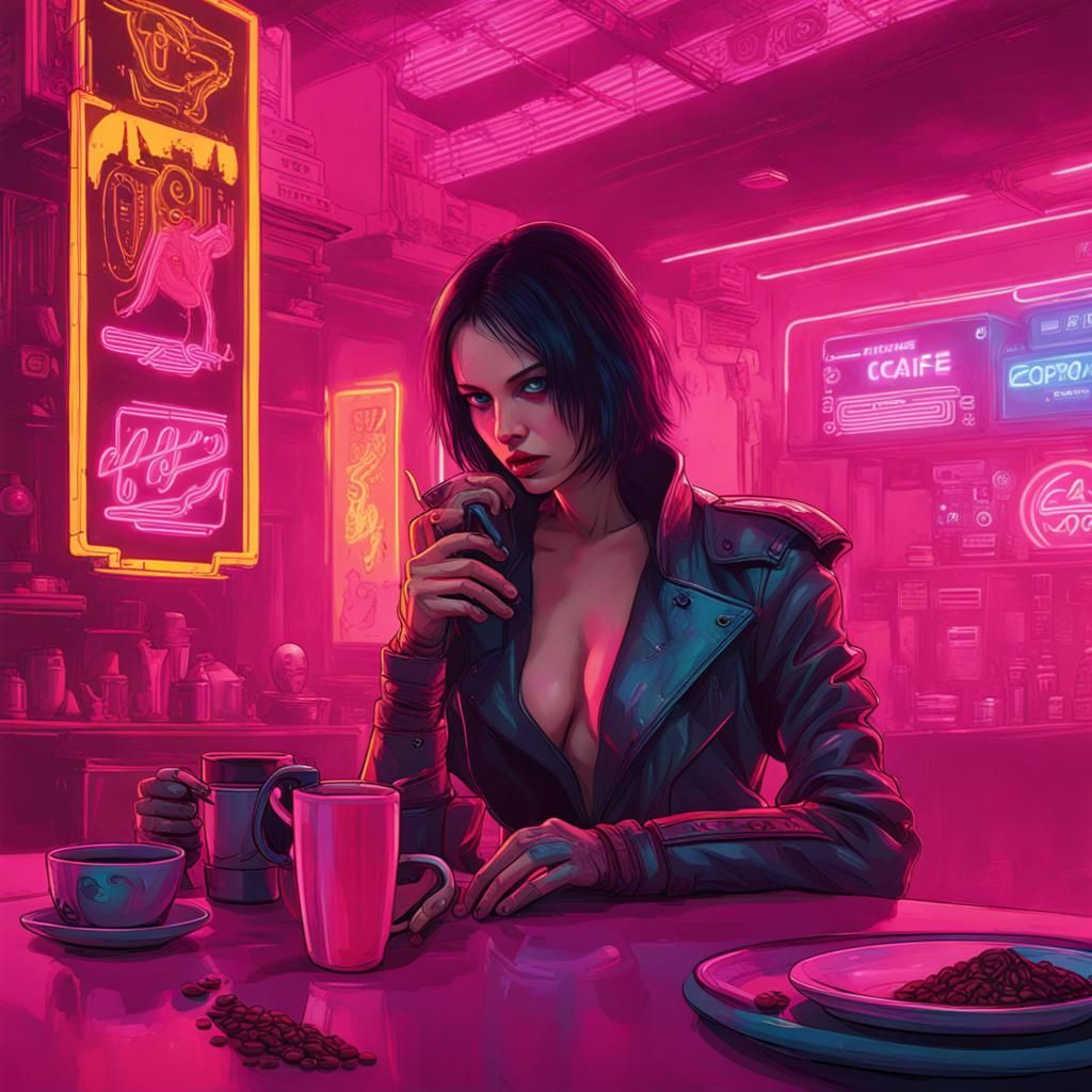 Erotic Coffee Aroma in Cyberpunk Neon City