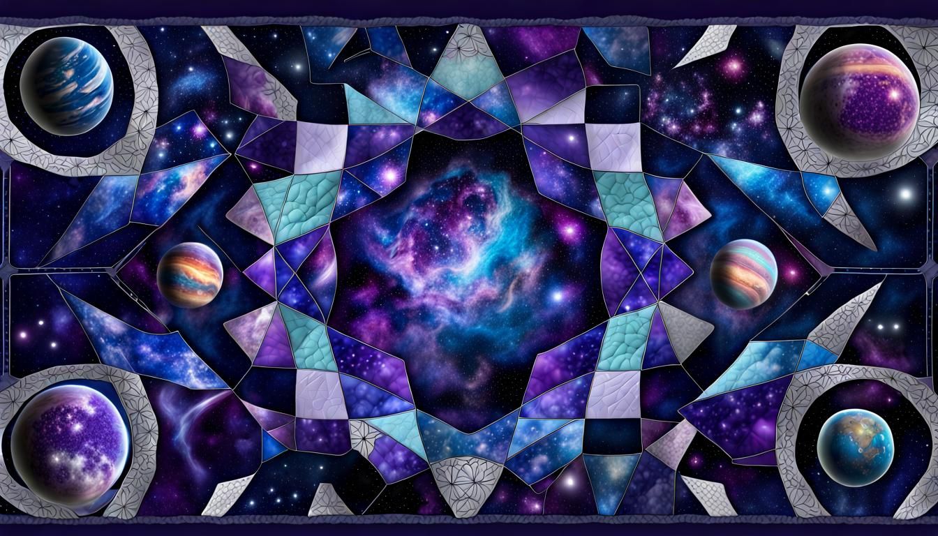 patchwork quilt with space design, stars, nebulas, planets, quilted, deep colour, vivid, vibrant, digital art 8k resolut...