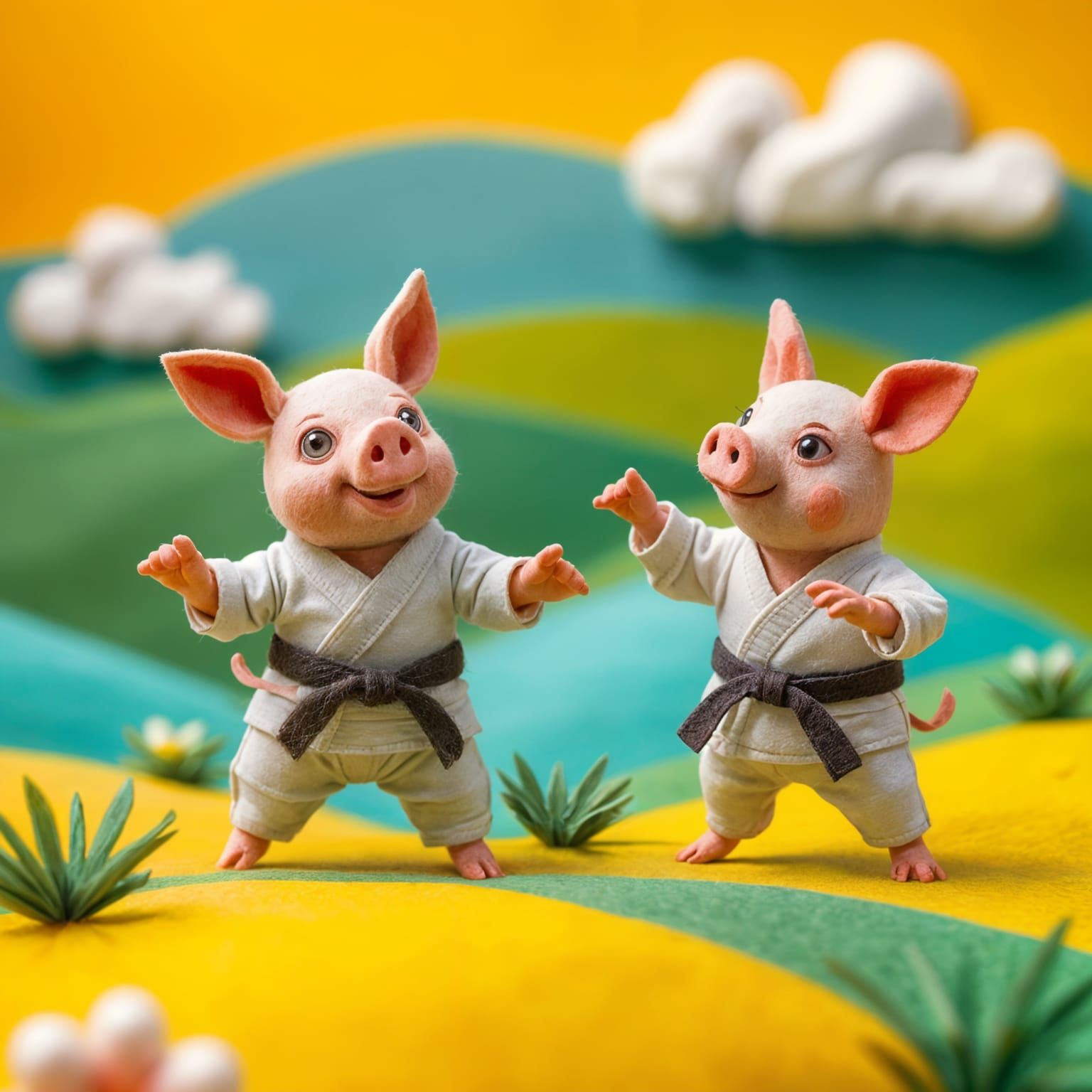 Felt Karate Pigs in Origami Landscape