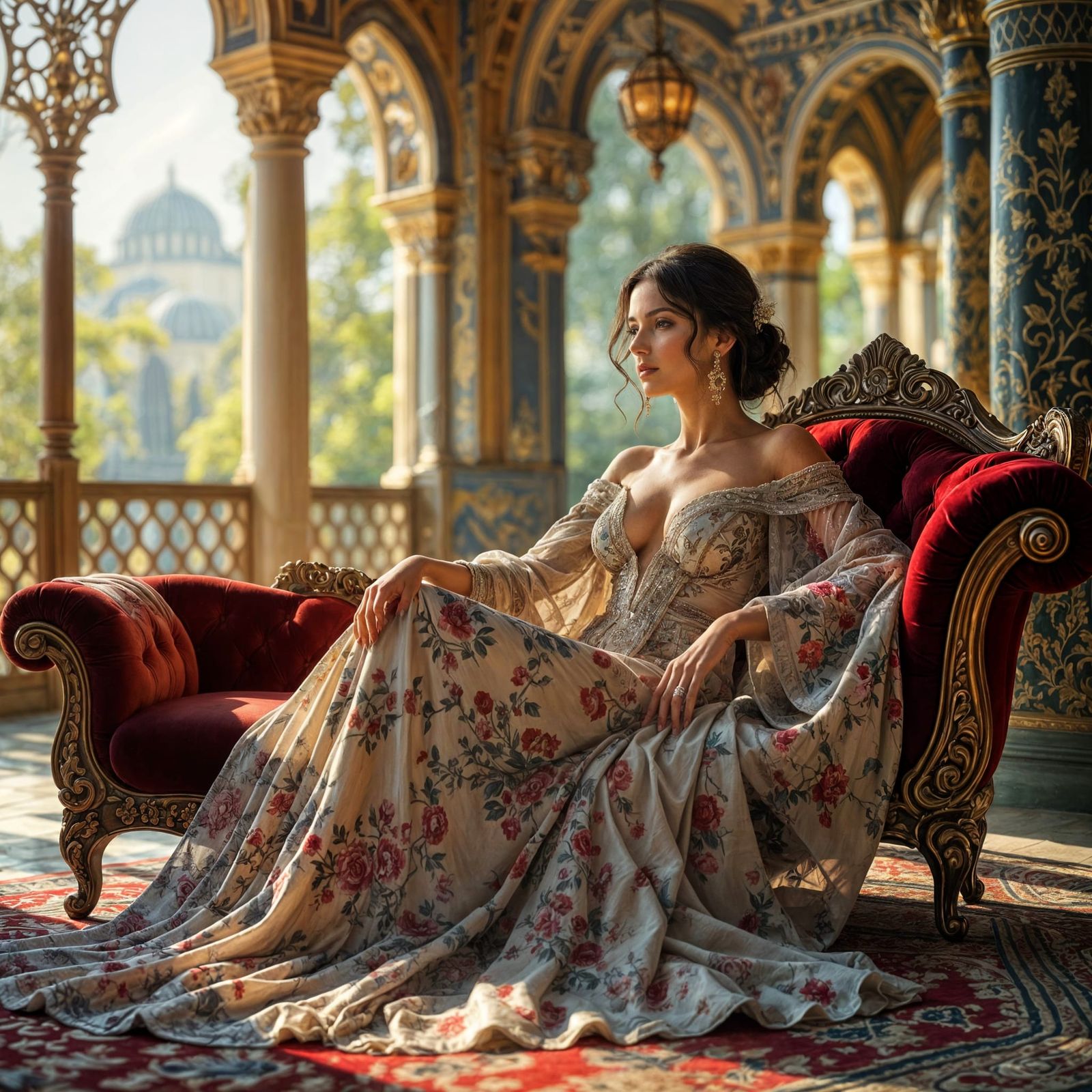 Dreamy Turkish Woman in Sun-Drenched Chamber