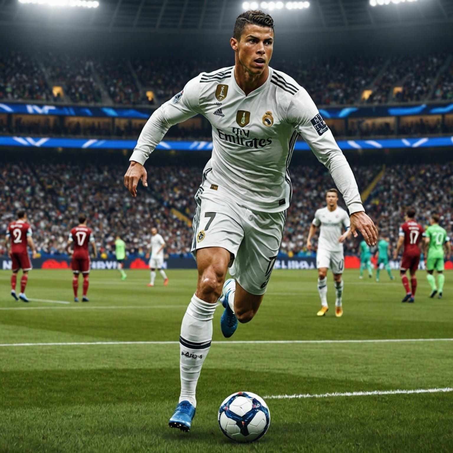 Make a vokal card for fifa mobile  Cristiano Ronaldo in football field:: Muscles_And_Movement, Charging, Hyperdetailed_I...
