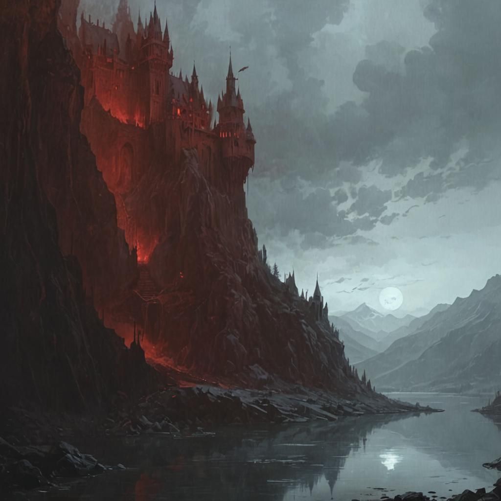 Bloody Red Castle Reflected in Grey Lake