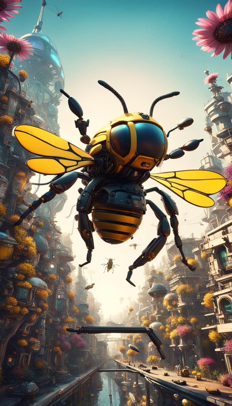 Mechanical Bee in Solar Punk Flower City