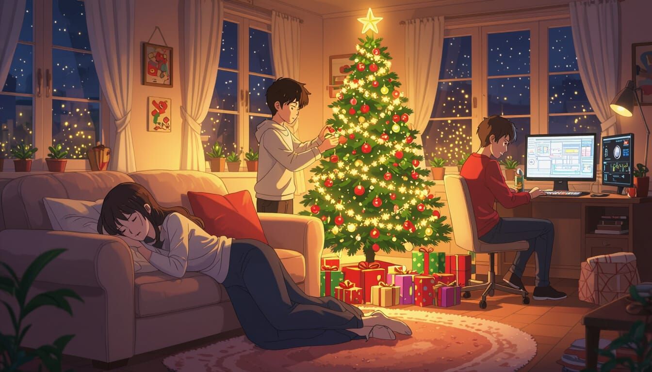 Cozy Christmas Eve Scene in Manga Style