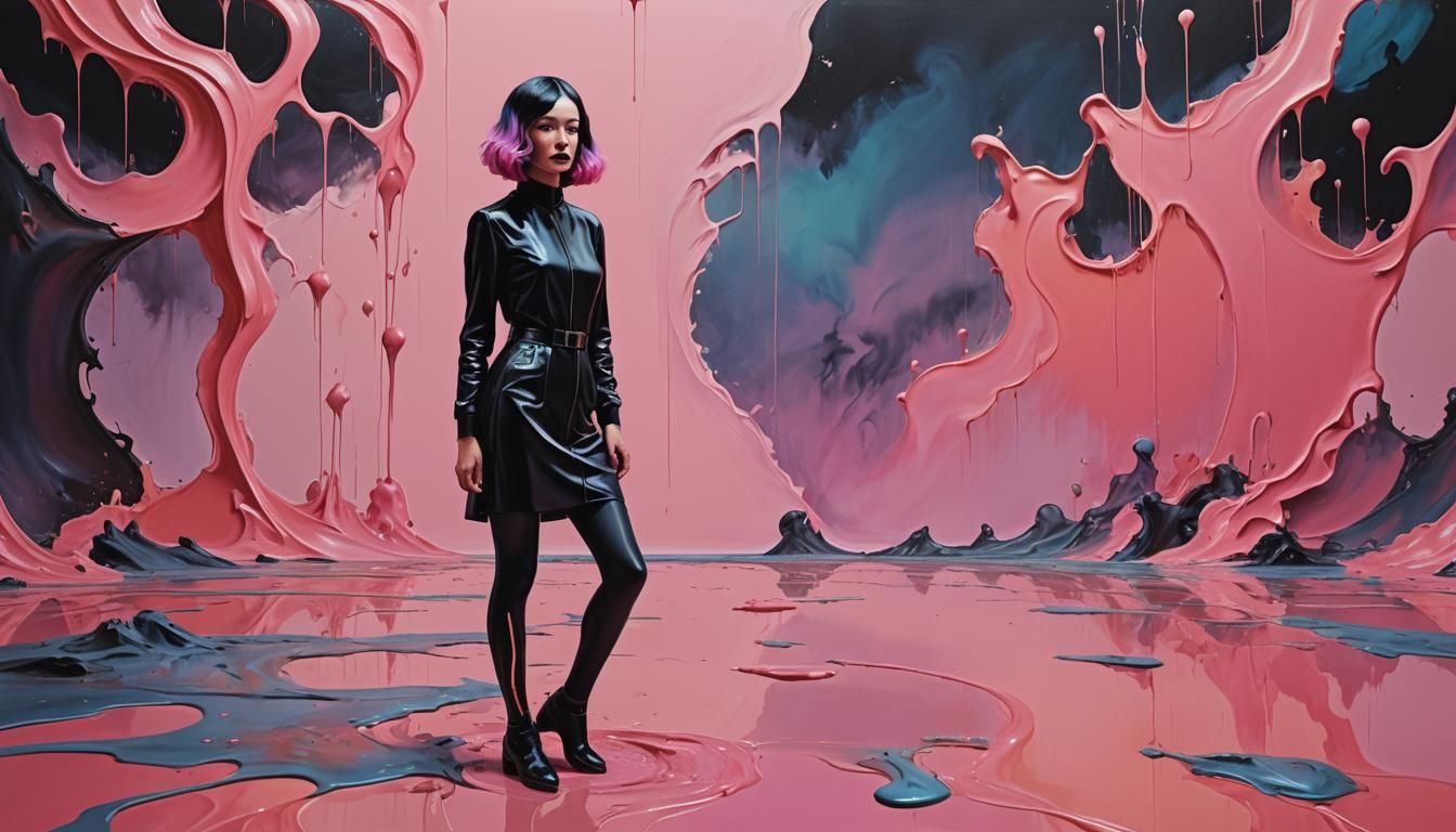 Girl with Black and Pink Hair in Surreal Style