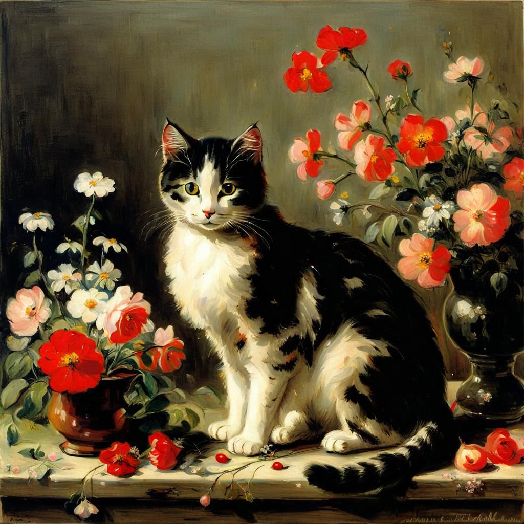 Cute Cat Surrounded by Flowers in Realist Style