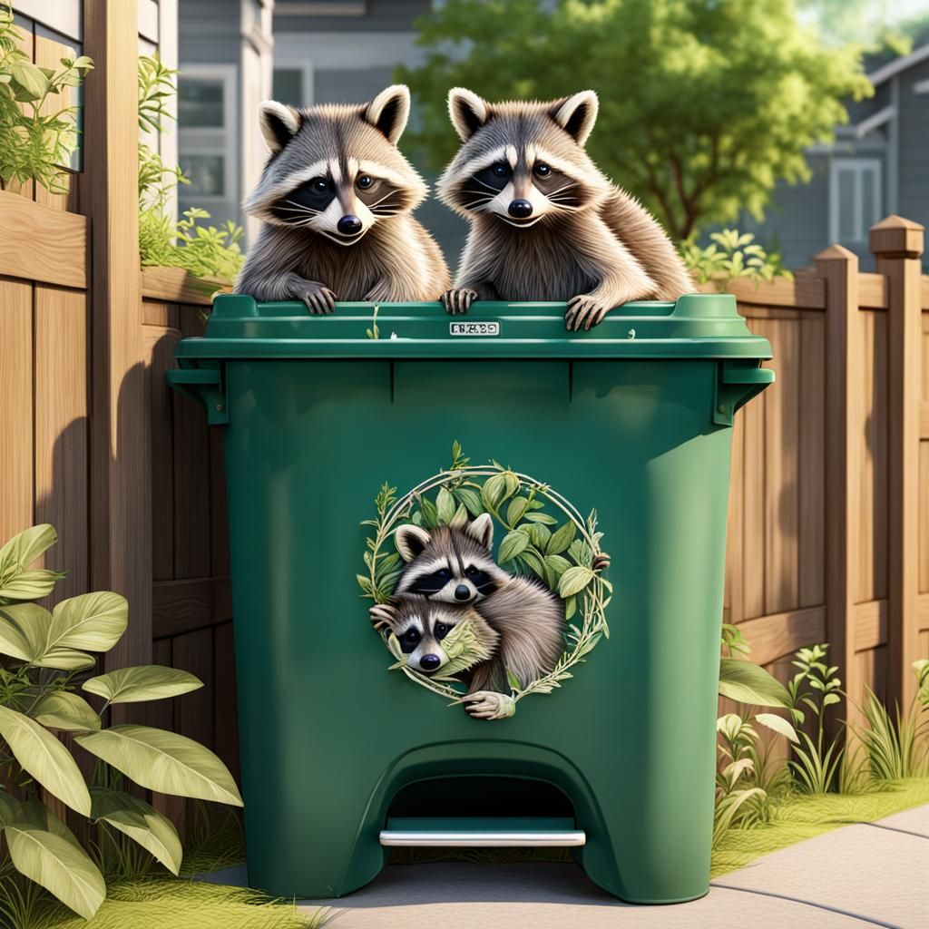 Realistic Raccoons on Green Trash Can
