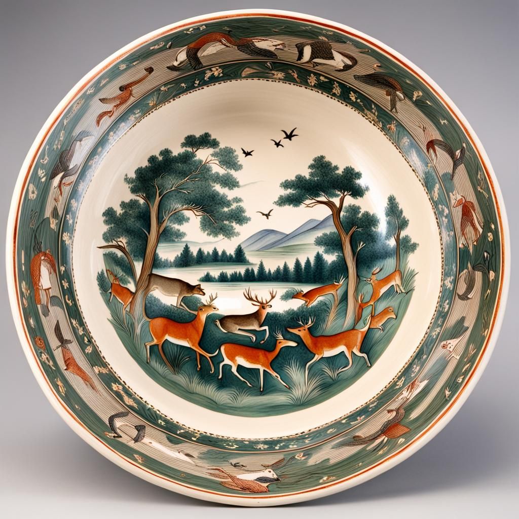 Ceramic Bowl with Hunting Scene Paintings