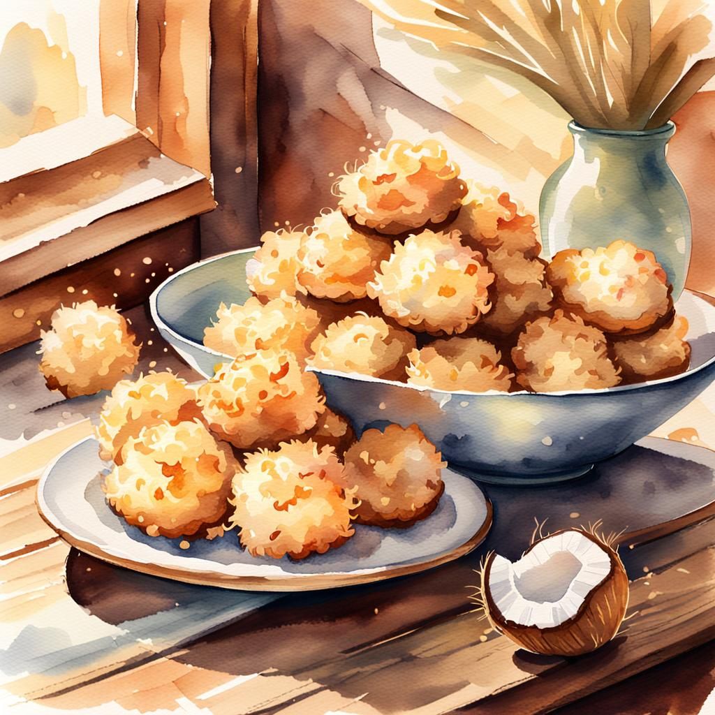 Watercolor Coconut Macaroons in Sunlit Bakery