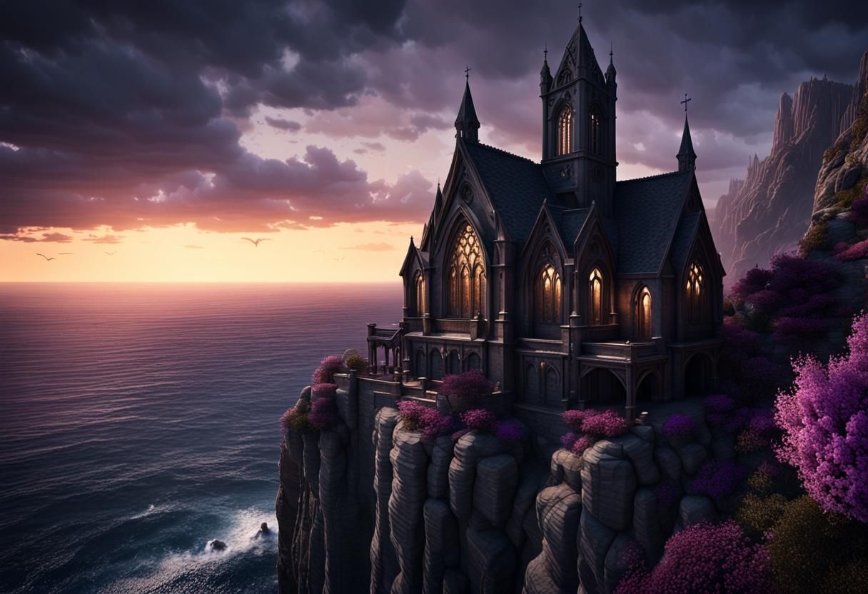 Gothic Church Home on Cliffs: Dark Fantasy Concept Art