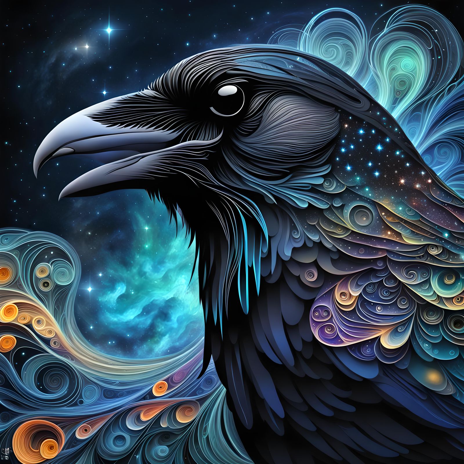 Bioluminescent Raven in Starry Double Exposure Abstract