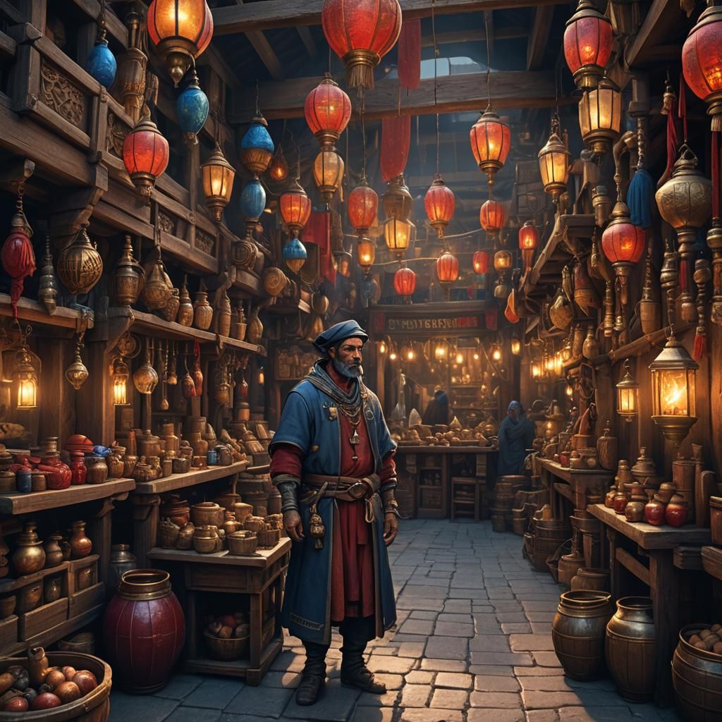 Medieval Merchant in Vibrant Marketplace, Digital Painting