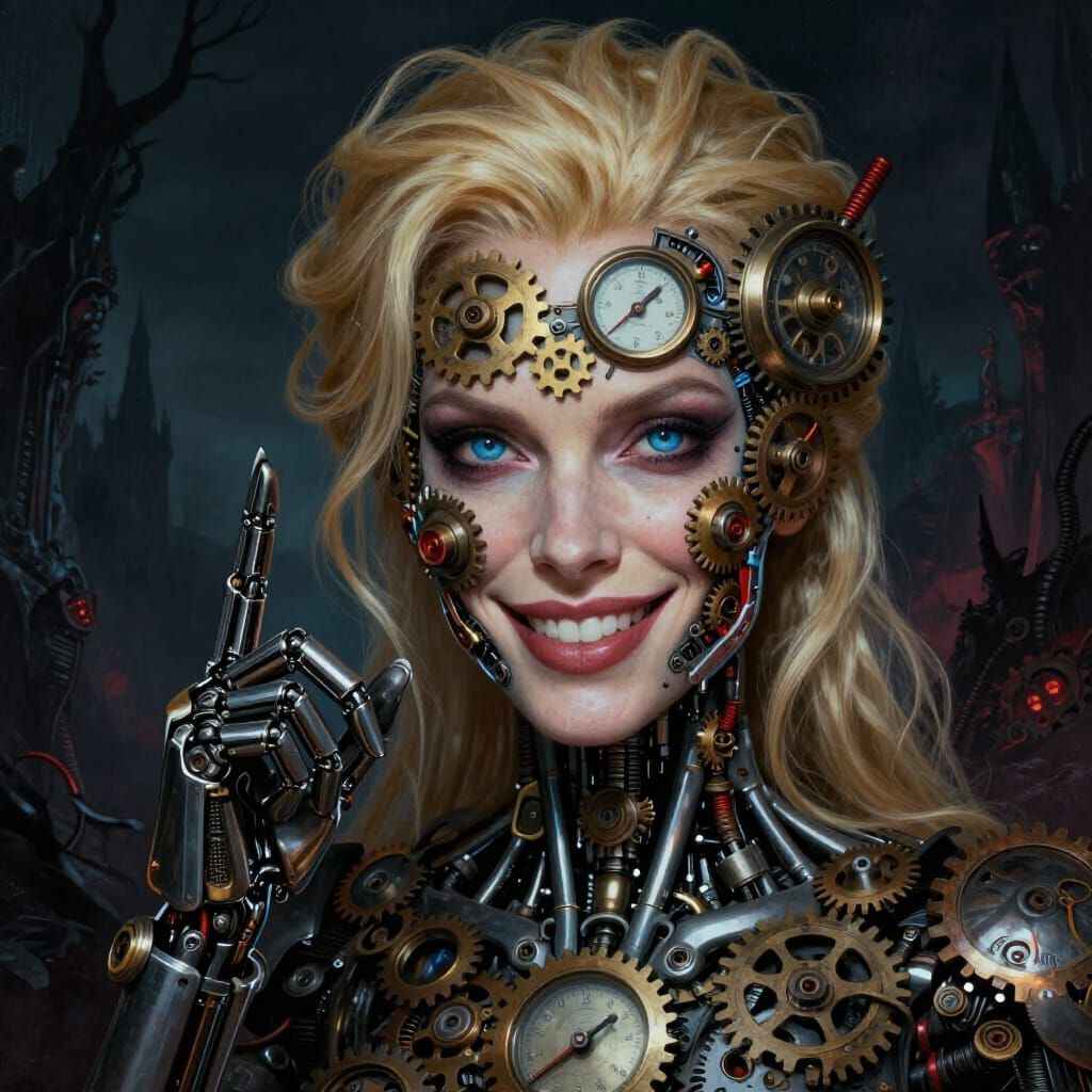Steampunk Cyber Woman with Gothic Landscape