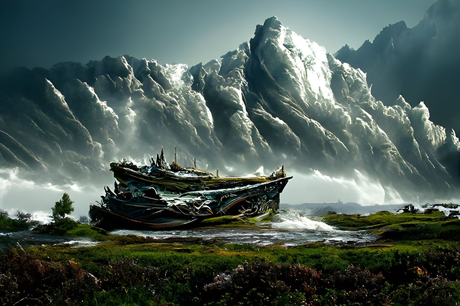 Fantasy Boat in Epic Sea Storm Landscape