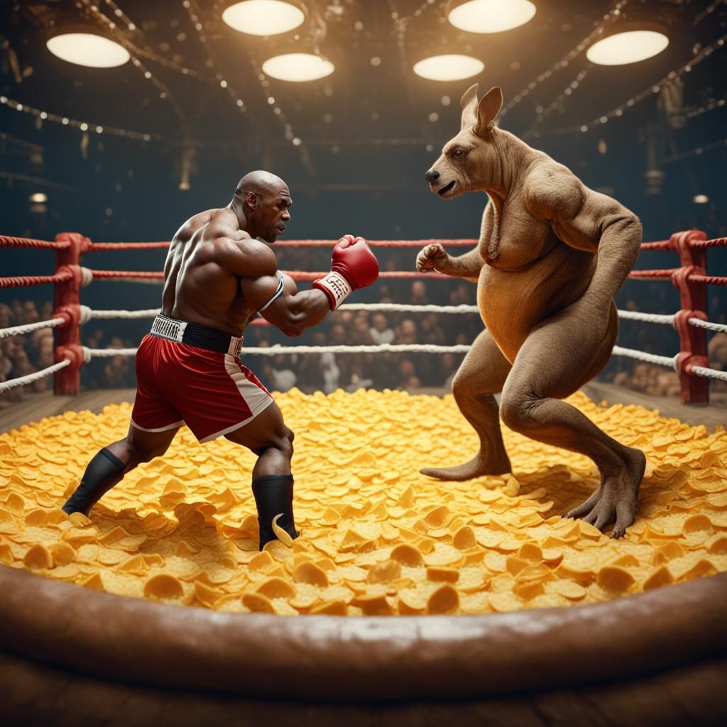 mike tyson versus big kangaroo in the ring of cheese and cornflakes