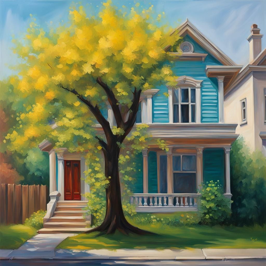 Hyperrealistic House and Tree Oil Painting with Abstract Art