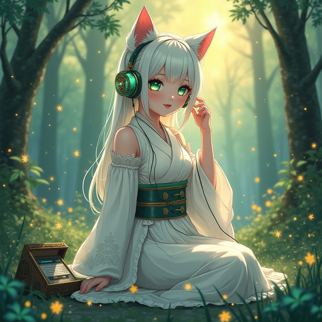 Anime Neko Girl in Enchanted Forest with Headphones