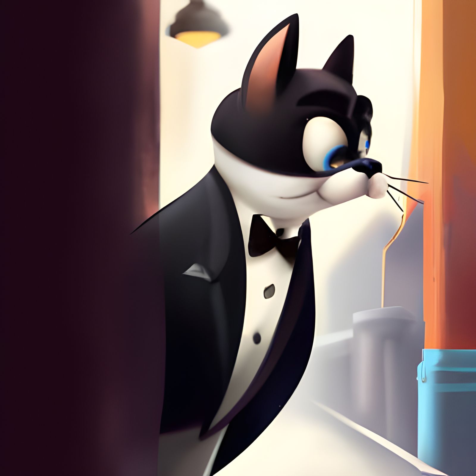 Adorable Cat Spy Character Design in Tuxedo