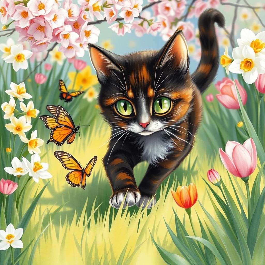 Whimsical Garden Scene with Tortoiseshell Cat and Blooming F...