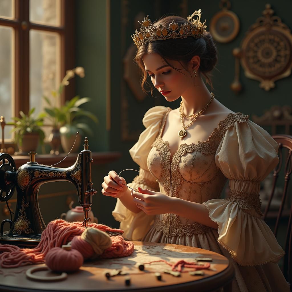 Elegant Lady Surrounded by Handcrafts in Art Nouveau Style