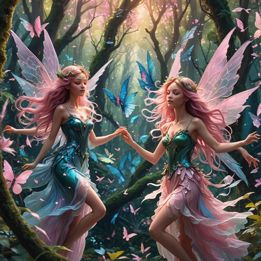 Fairies in Enchanted Forest: Vibrant Oil Painting