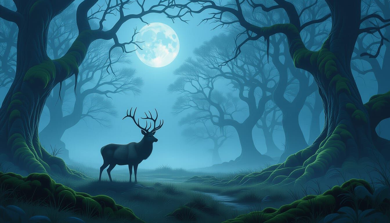 Majestic Stag in Moonlit Forest with Futuristic Energy