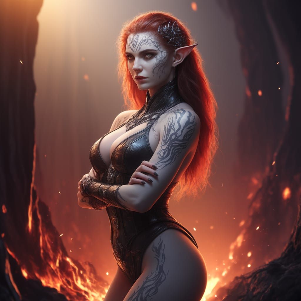 Confident Female Tiefling in Moody Emberlit Scene