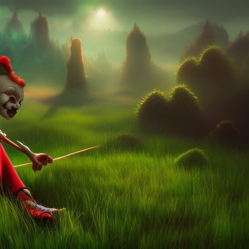 Clown touching grass