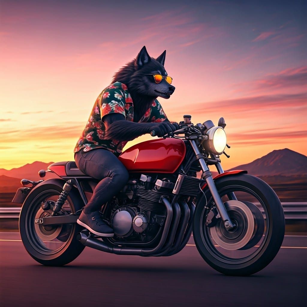 Werewolf on Motorcycle in Vaporwave Sunset