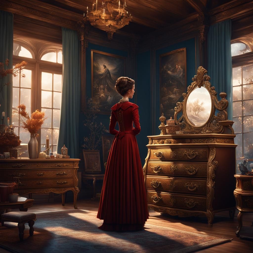 Beautiful Lady at Dresser: Detailed Fantasy Concept Art