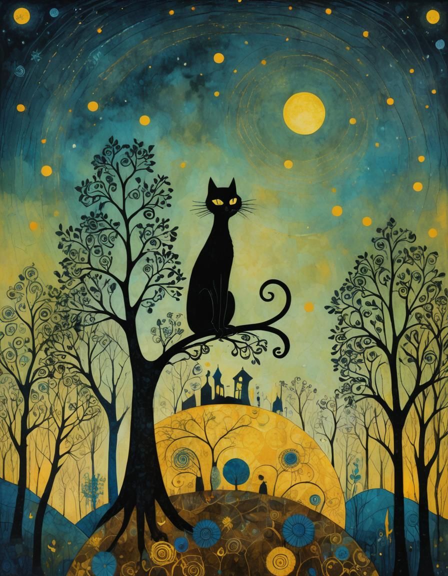 Black cat on a tree branch