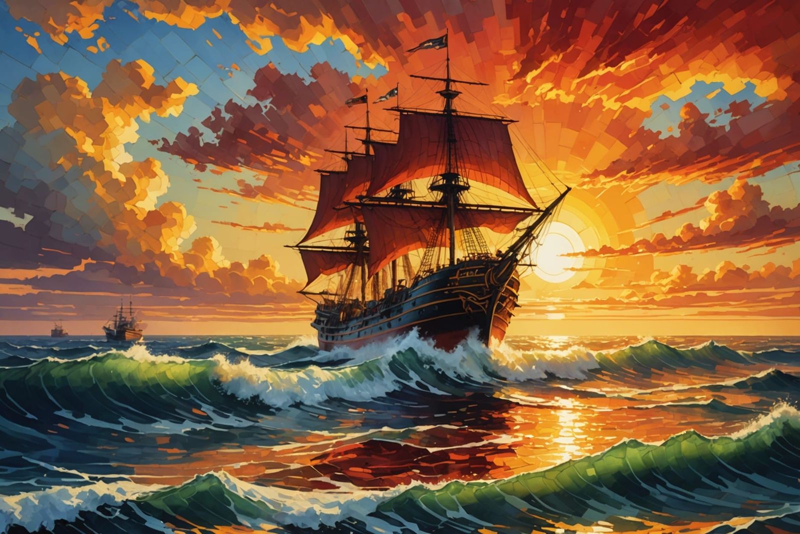 Ship on Golden Sea: Masterpiece Illustration