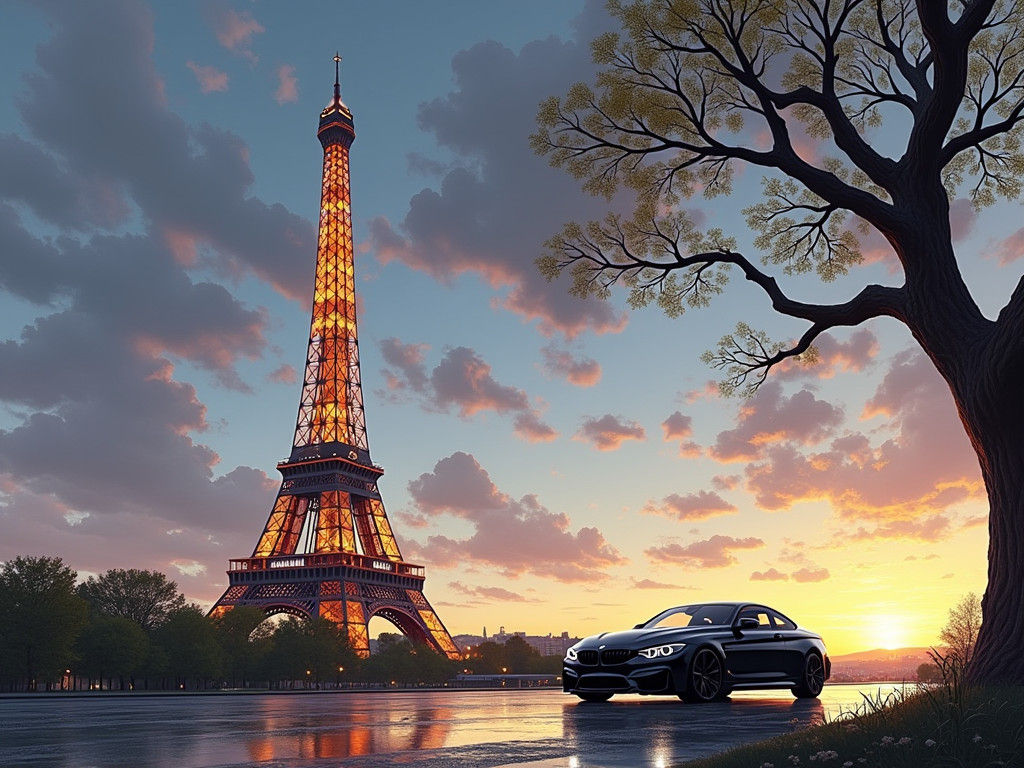 BMW M4 and Eiffel Tower in Futuristic Illustration