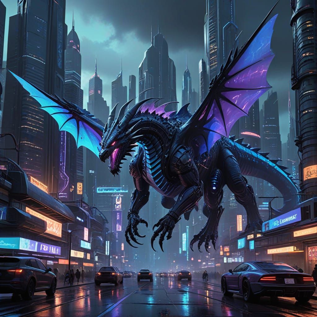 Cyberpunk Dragon Soars through Futuristic Cityscape in Neon-...