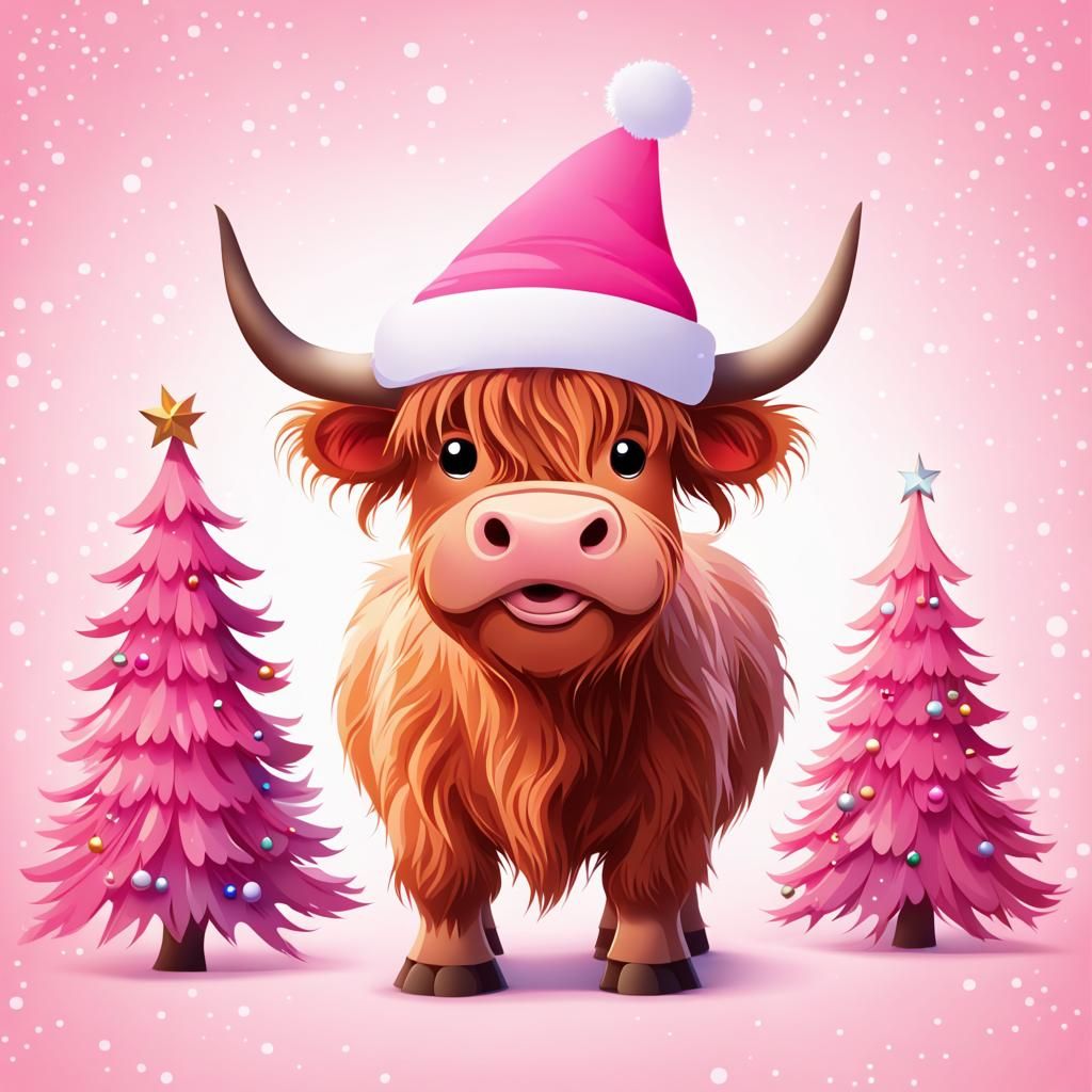Disney Pixar style adorable cartoon Highland cow, wearing a pink Santa hat, pink Christmas trees and decorations backgro...