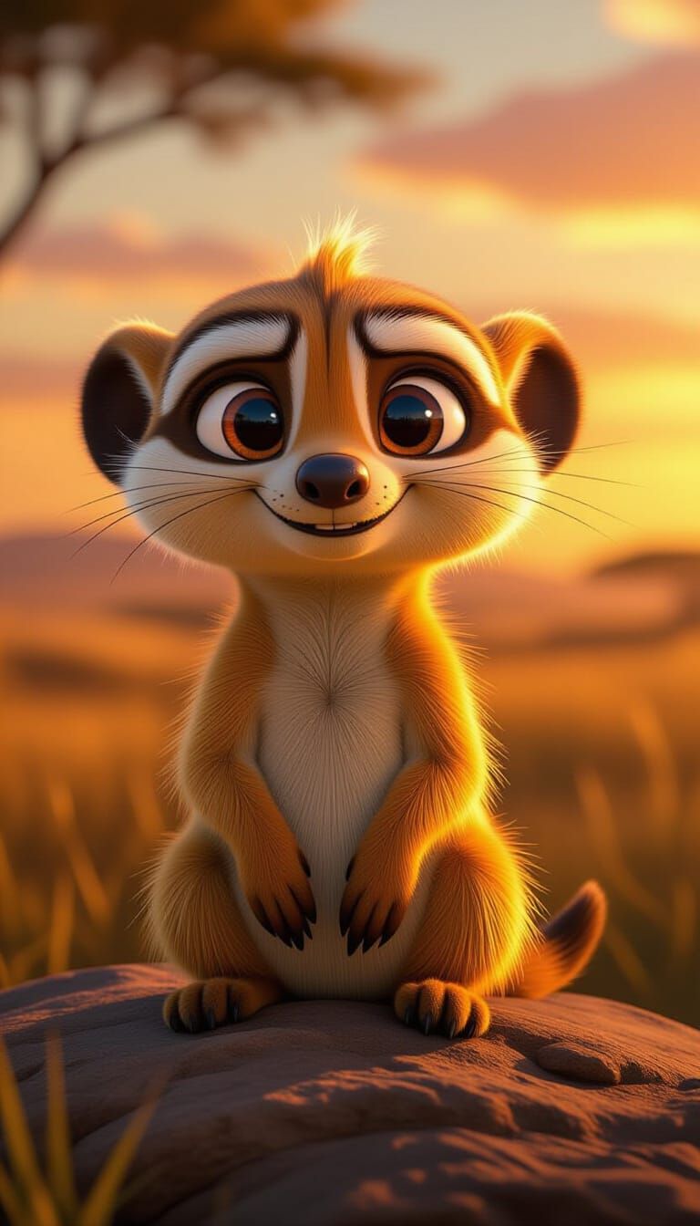 Baby Pumbaa: Plush Meerkat in African Sunset, 3D Cartoon