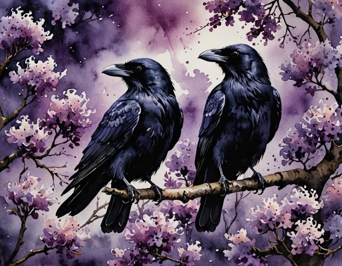 Ravens in Lilac Tree: Moody Watercolour Painting