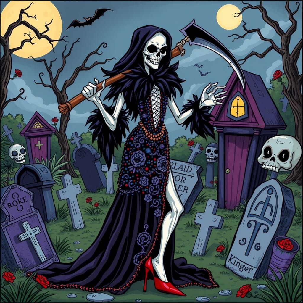 Grim Reaper in Drag, Cartoon Comic Style