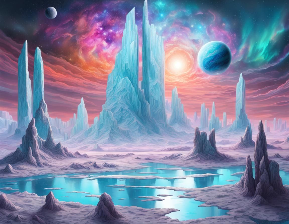 Icy Planet with Monoliths in Pastel Cosmic Art