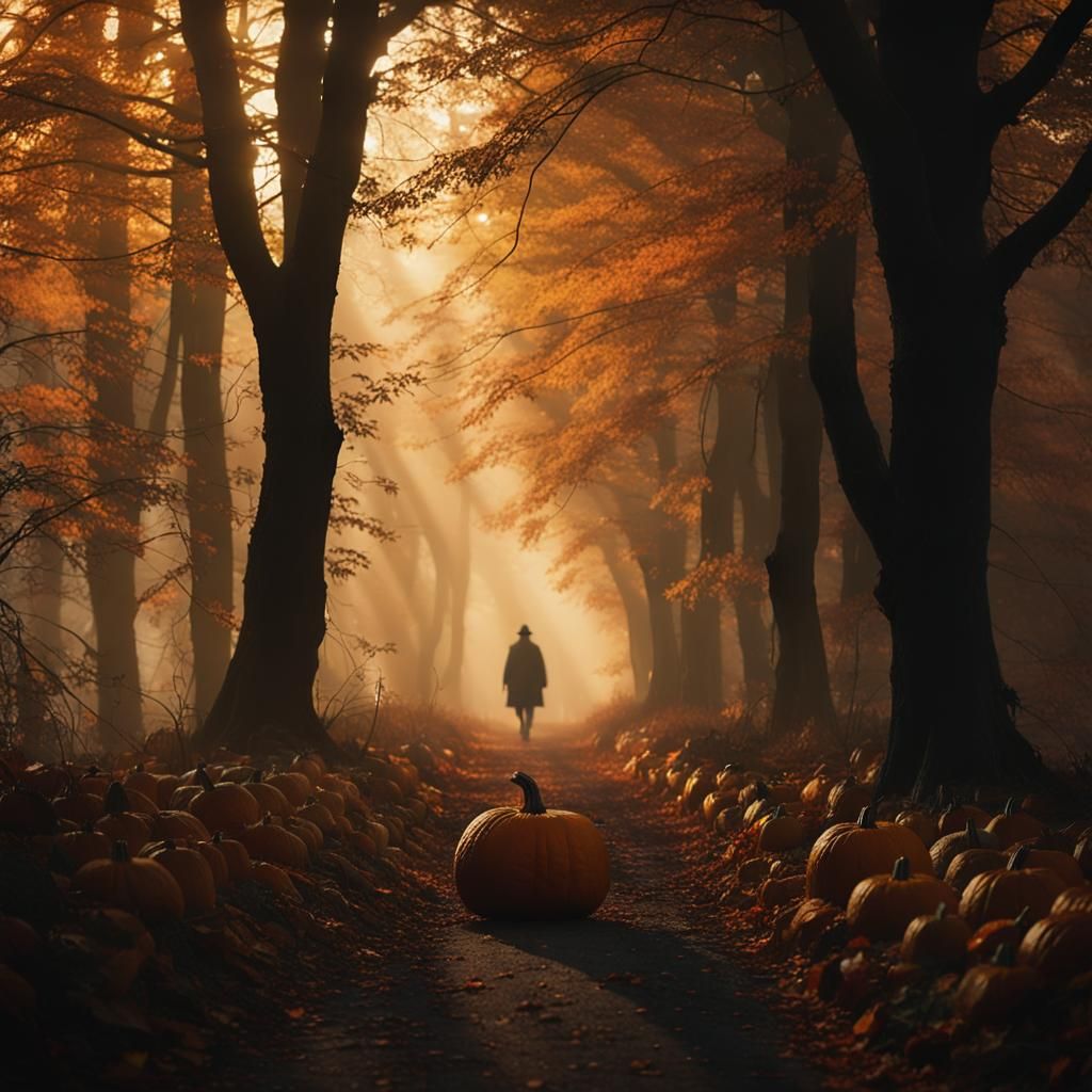 Eerie Autumnal Figure in Misty Forest