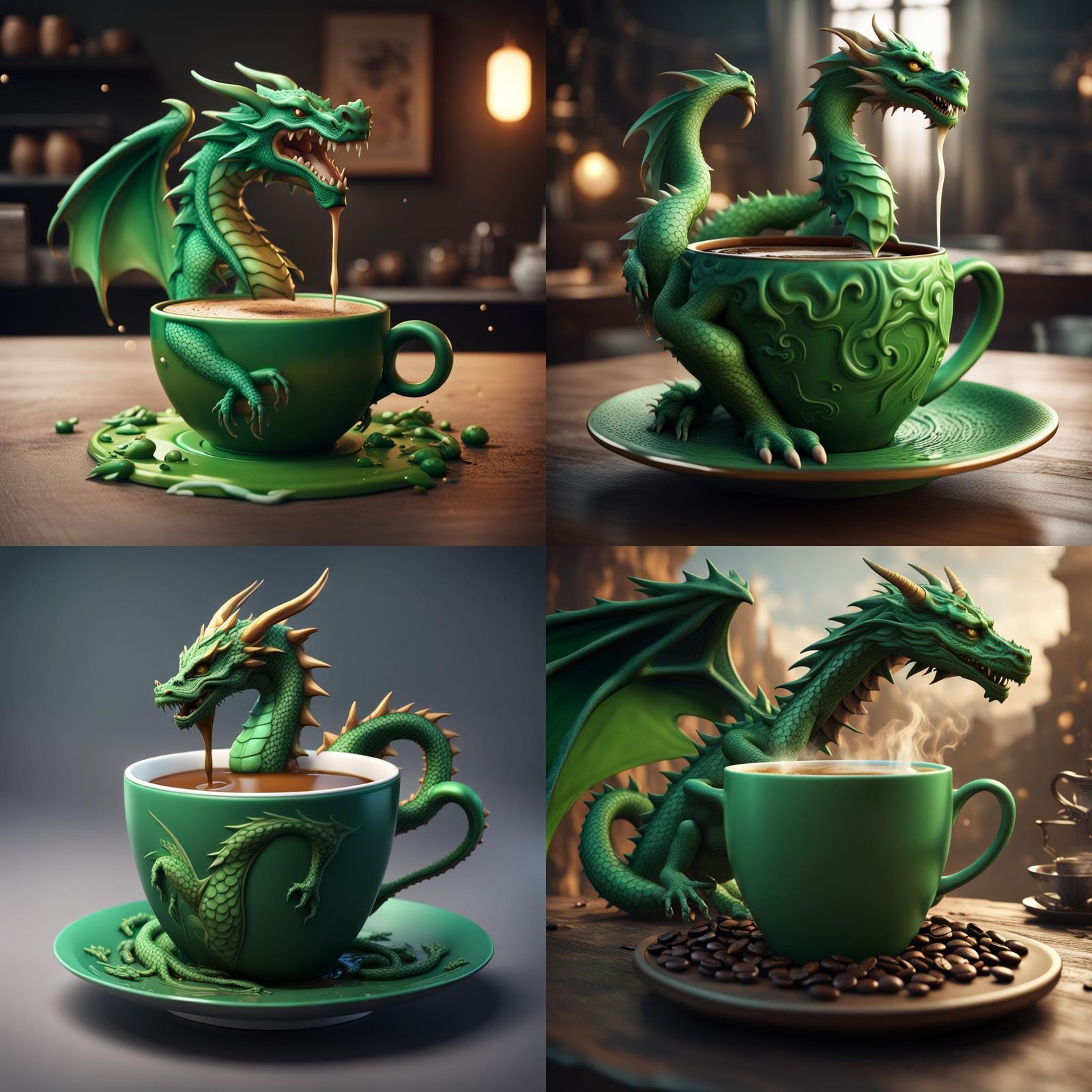 Green Dragon Coffee Art, Detailed Matte Painting