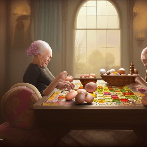 Elderly Woman's Morning Ritual: Parcheesi and Eggs